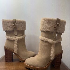 Coach Tan heeled booth with Fur Trim